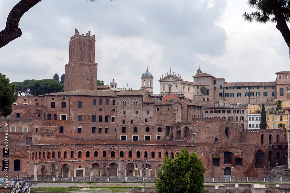 The ruins of Trajan's Markets with the Tower of the Militias in Rome