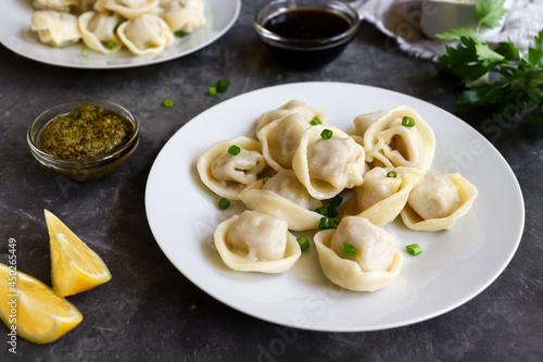 Boiled meat dumplings in a white plate. The concept of a delicious lunch or dinner. Dumplings with green onions. Top view.