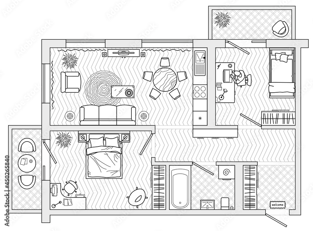 Apartment plan with furniture in top view. Layout of house standard set of icons for floor plan. Interior design elements for architectural plan. Vector blueprint.
