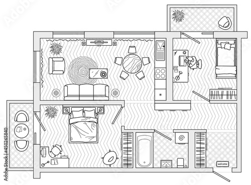 Apartment plan with furniture in top view. Layout of house standard set of icons for floor plan. Interior design elements for architectural plan. Vector blueprint.