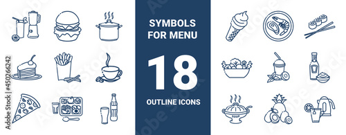 Set of outline monochrome icons on the theme of catering. Collection of signs in different food categories. Symbols for restaurant decoration. Vector illustrations isolated on white background.