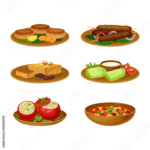 Egyptian Food and Dishes with Dolma and Stew of Beans Vector Set
