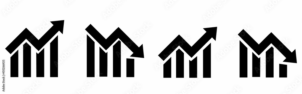 Growing bar graph icon set. Simple chart increase. Progress bar symbol. Green and red arrow Growing bar graph icon set. Simple chart increase. Progress bar symbol. Green and red arrow