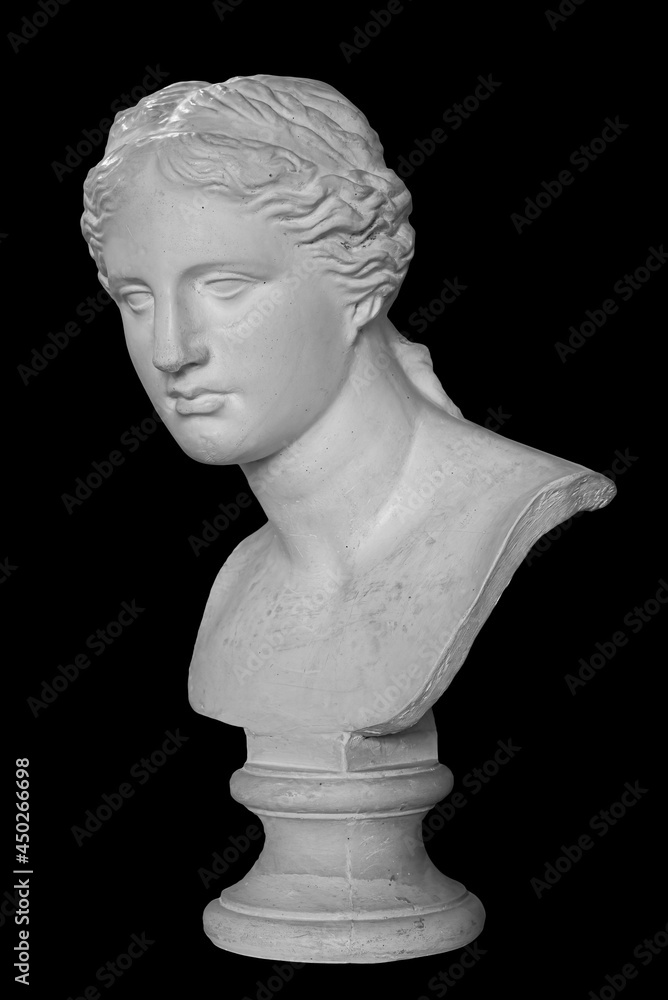 Gypsum copy of ancient statue Venus head isolated on black background. Plaster sculpture woman face Gypsum copy of ancient statue Venus head isolated on black background. Plaster sculpture woman face