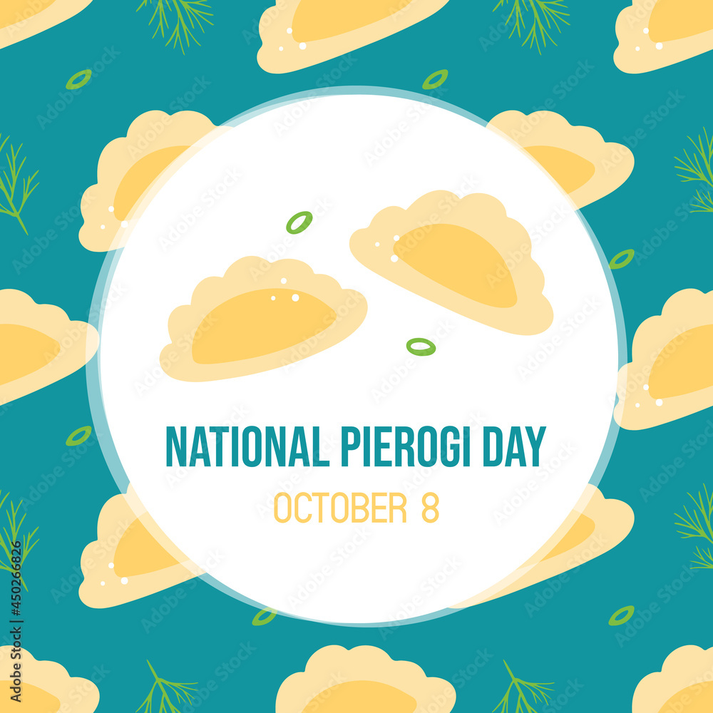 National Pierogi Day vector cartoon style greeting card, illustration with pierogi, filled dumplings food pattern. October 8.
