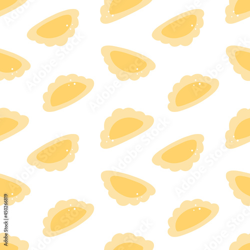 Cute cartoon style boiled pierogi, filled dumplings vector seamless pattern background.
