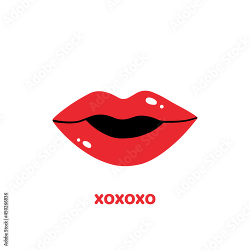 Red lips, female open mouth icon with xoxoxo text, abbreviation for hugs and kisses.
