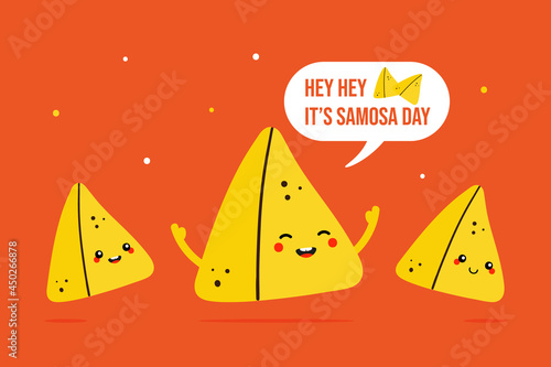 World Samosa Day vector cartoon style greeting card, illustration with three cute, funny samosa pastry characters and speech bubble. September 5.