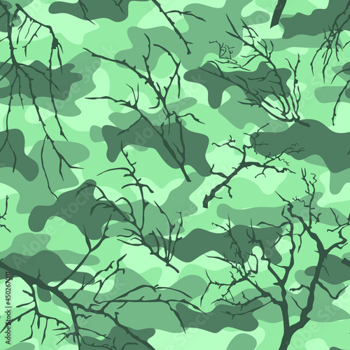 Camouflage with tree branches. Forest print for protective clothing. Hunting and fishing.
