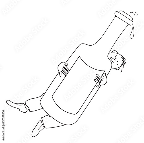 Alcoholism. Caricature of an alcoholic. Man falls asleep and falls in  hug with bottle