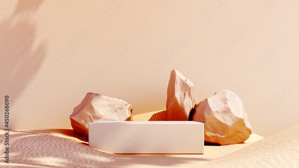 3D render podium, showcase on light white background with shadows in green tropical leaves of plants. Abstract natural,organic background for advertising products, spa body care, relaxation, health.
3D render podium, showcase on light white background with shadows in green tropical leaves of plants. Abstract natural,organic background for advertising products, spa body care, relaxation, health.