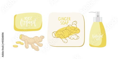 Label for Ginger soap. Bar of soap, bottle with liquid soap, ginger root, label with ginger root sketch. Vector flat Illustration for home made natural organic product shop, aroma therapy, cosmetic.