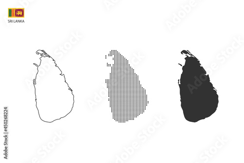 3 versions of Sri Lanka map city vector by thin black outline simplicity style, Black dot style and Dark shadow style. All in the white background.