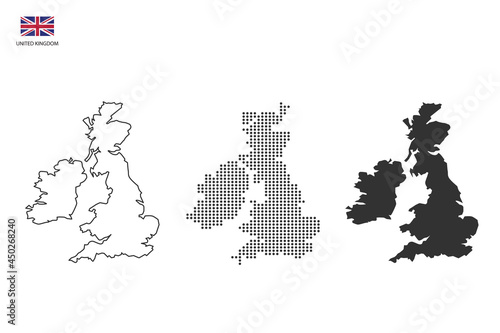 3 versions of UK map city vector by thin black outline simplicity style, Black dot style and Dark shadow style. All in the white background.