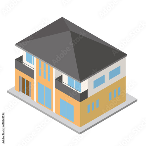 一戸建て住宅マイホームのイラスト二階建て　アイソメトリックス立体イラスト