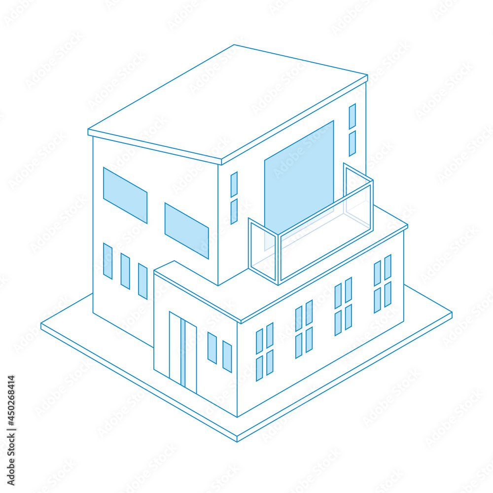 一戸建て住宅マイホームのイラスト線画ラインアート二階建て アイソメトリックス立体イラスト 一戸建て住宅マイホームのイラスト線画ラインアート二階建て アイソメトリックス立体イラスト