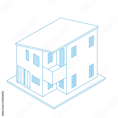 一戸建て住宅マイホームのイラスト線画ラインアート二階建て　アイソメトリックス立体イラスト