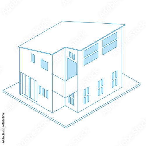 一戸建て住宅マイホームのイラスト線画ラインアート二階建て　アイソメトリックス立体イラスト