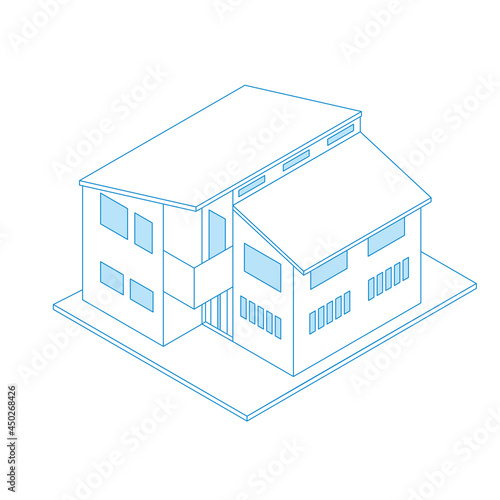 一戸建て住宅マイホームのイラスト線画ラインアート二階建て　アイソメトリックス立体イラスト