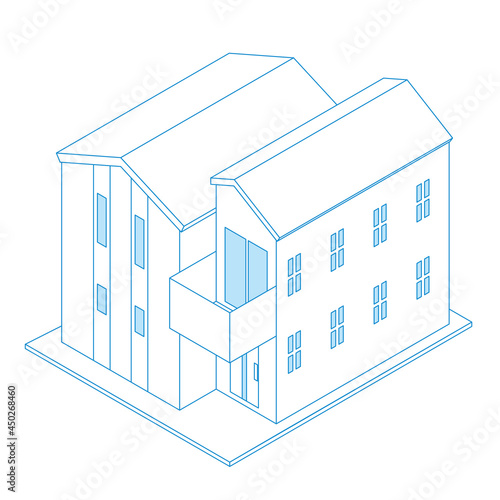 一戸建て住宅マイホームのイラスト線画ラインアート二階建て　アイソメトリックス立体イラスト