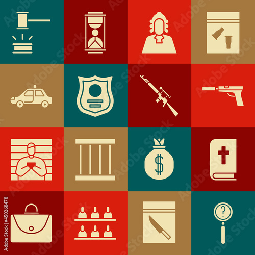 Set Magnifying glass with search, Holy bible book, Pistol or gun silencer, Judge, Police badge, car and flasher, gavel and Sniper rifle scope icon. Vector