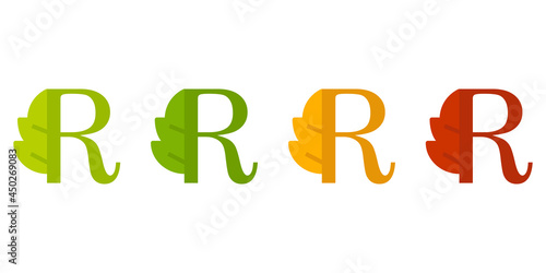 Otoño. Caída de la hoja. Logotipo letra inicial R con forma de hoja de árbol en color verde, naranja y rojo