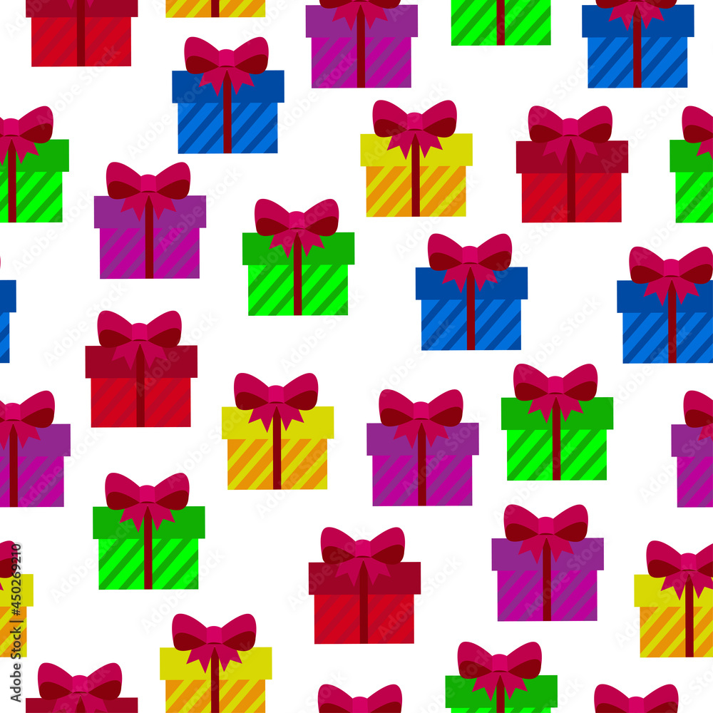 Seamless background with colorful gifts on a white background. Gift boxes with a pink bow. Christmas. Birthday. Seamless background with colorful gifts on a white background. Gift boxes with a pink bow. Christmas. Birthday.