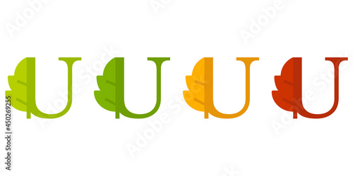 Otoño. Caída de la hoja. Logotipo letra inicial U con forma de hoja de árbol en color verde, naranja y rojo