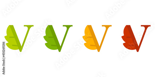 Otoño. Caída de la hoja. Logotipo letra inicial V con forma de hoja de árbol en color verde, naranja y rojo