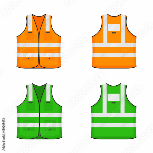 Safety reflective vest icon sign flat style design vector illustration set. Orange and green fluorescent security safety work jacket with reflective stripes. Front and back view road uniform vest.