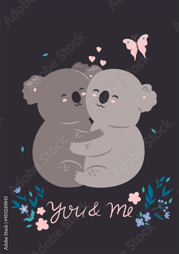 Canvas Print Postcard with a couple of cute loving koalas. Vector graphics.