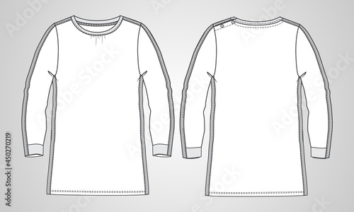 Long Sleeve Ladies Dress Technical fashion illustration. Flat apparel dress template front and back View. Women's CAD mock up. Overall technical fashion Flat sketch template front and back view.