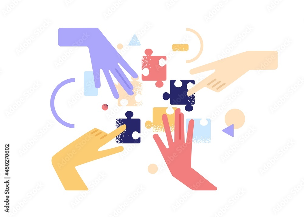 Human hands joining and connecting puzzle pieces together. Teamwork and partnership concept. Business team finding solution and solving problem with jigsaw. Flat vector illustration isolated on white Human hands joining and connecting puzzle pieces together. Teamwork and partnership concept. Business team finding solution and solving problem with jigsaw. Flat vector illustration isolated on white