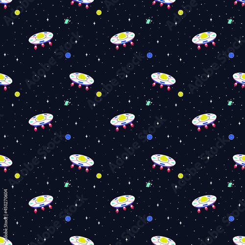 Seamless background from the constellation of the Cosmic Galaxy with a flying saucer (UFO). Can be used for textiles, yoga mat, phone case. Vector.