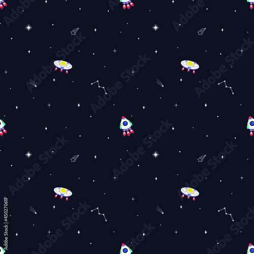 Seamless pattern of the constellation of the Cosmic Galaxy with a rocket and a flying saucer. Can be used for textiles, yoga mat, phone case. Vector.
