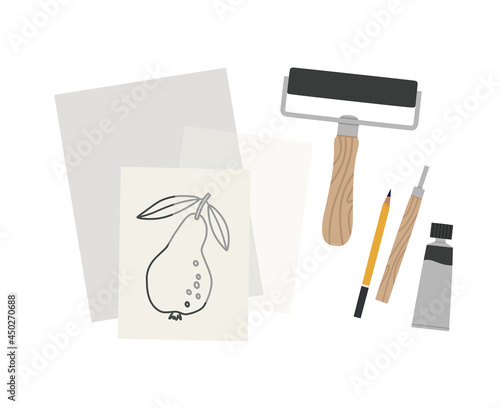 Hand-drawn tools for lino cutting or lino printing. Cutter, print ink, roller, lino block, paper with sketch, tracing paper, pencil. Vector illustration of art supplies, isolated on white. 