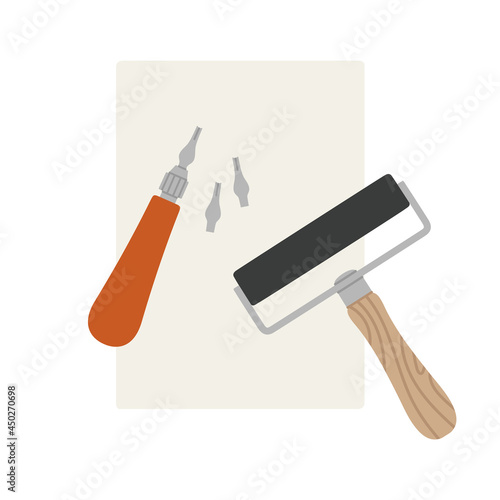 Hand-drawn tools for lino cutting or lino printing. Cutter, roller, and lino block. Vector illustration of art supplies, isolated on white. Concept of art hobbies, art courses.