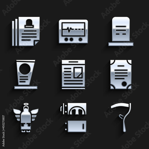 Set Obituaries, Crematorium, Scythe, Death certificate, Christmas angel, Grave with tombstone, and icon. Vector