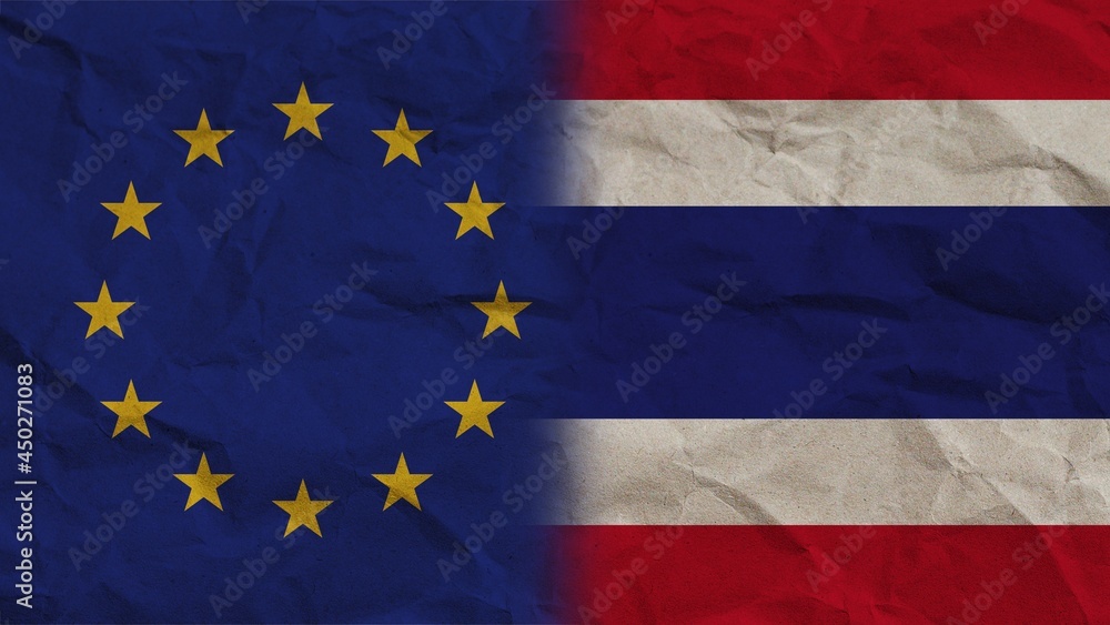 Thailand and European Union Flags Together, Crumpled Paper Effect Background 3D Illustration