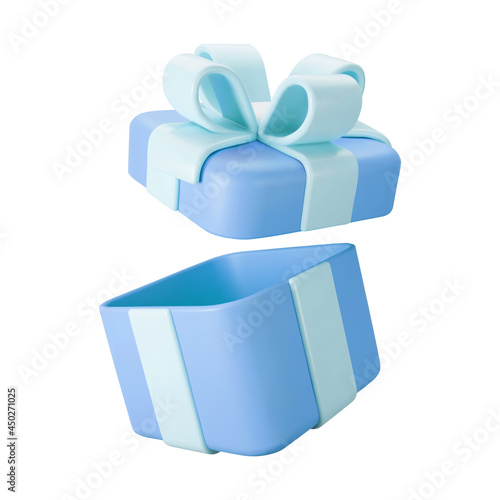 3d blue open gift box with pastel ribbon bow isolated on a white background. 3d render flying modern holiday open surprise box. Realistic vector icon for present, birthday or wedding banners