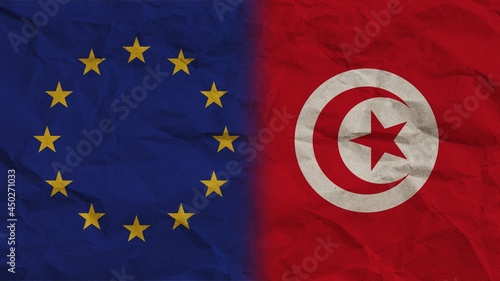 Tunisia and European Union Flags Together, Crumpled Paper Effect Background 3D Illustration