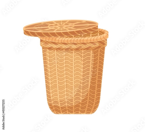Empty laundry basket with lid. Tall wicker container with cover made from rattan. Realistic flat vector illustration of modern natural basketwork isolated on white background