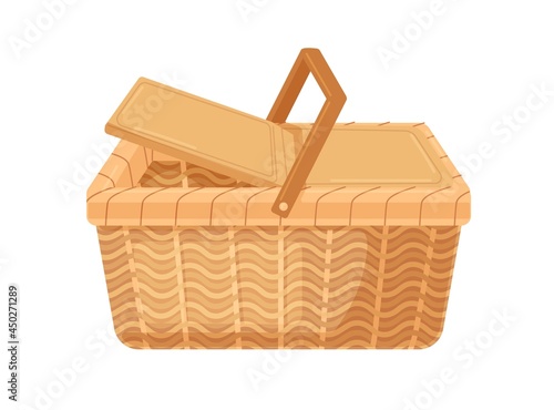 Empty picnic basket with lid and handle. Woven wicker container made from straw. Realistic basketwork. Colored flat vector illustration of wickerwork isolated on white background