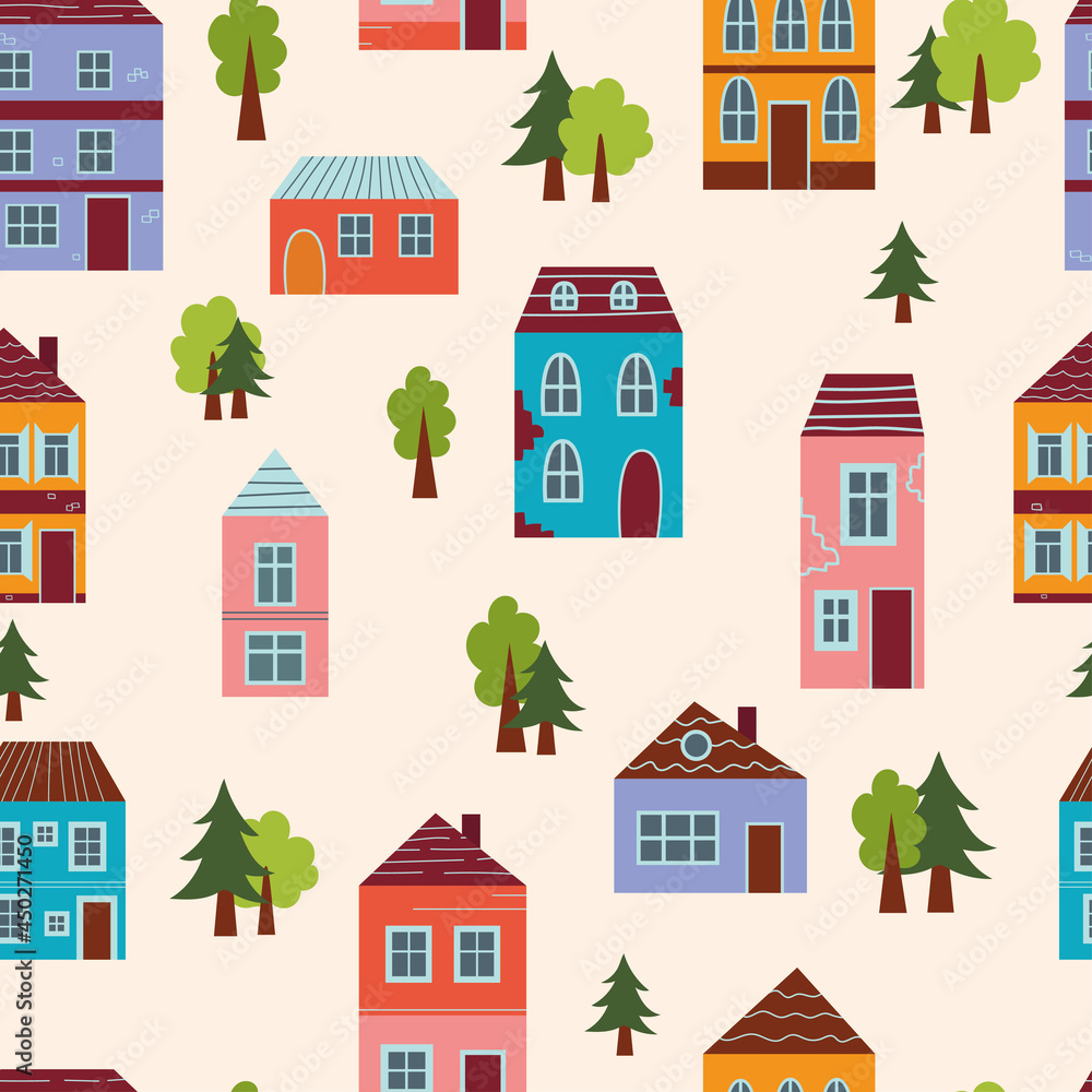 Urban tiny houses with trees isolated on pastel background. Minimalist town, residential city houses landscape vector background illustration. Seamless pattern building. 