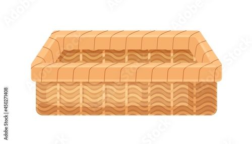 Straw wicker basket of rectangular shape. Empty woven container without lid. Realistic interior item of wickerwork. Colored flat vector illustration isolated on white background