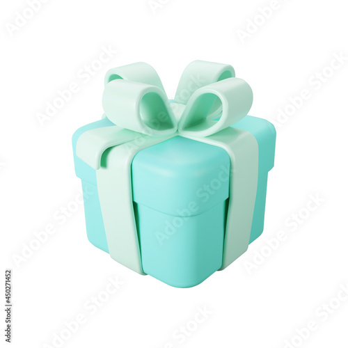 3d blue gift box with pastel ribbon bow isolated on a white background. 3d render flying modern holiday surprise box. Realistic vector icon for present, birthday or wedding banners