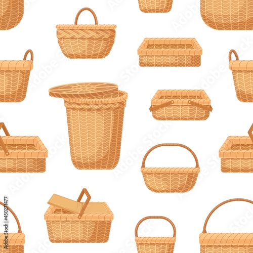 Seamless pattern with different straw wicker baskets of various shapes on white background. Repeating backdrop with realistic weaven basketworks. Flat vector illustration of wrapping for printing