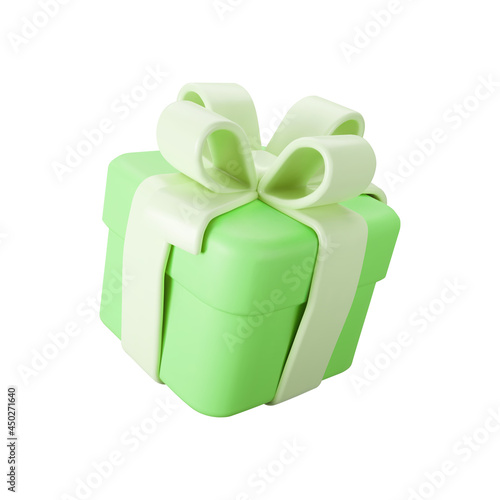 3d green gift box with pastel ribbon bow isolated on a white background. 3d render flying modern holiday surprise box. Realistic vector icon for present, birthday or wedding banners