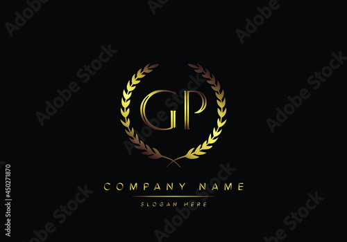 Alphabet letters GP monogram logo, gold color, luxury style