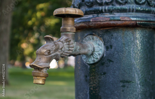 Water well in the park in summer, pumping system, close-up and side view of a beautiful metal bronze faucet. Part of an old iron outdoor tap. Click on the mineral water pump room.